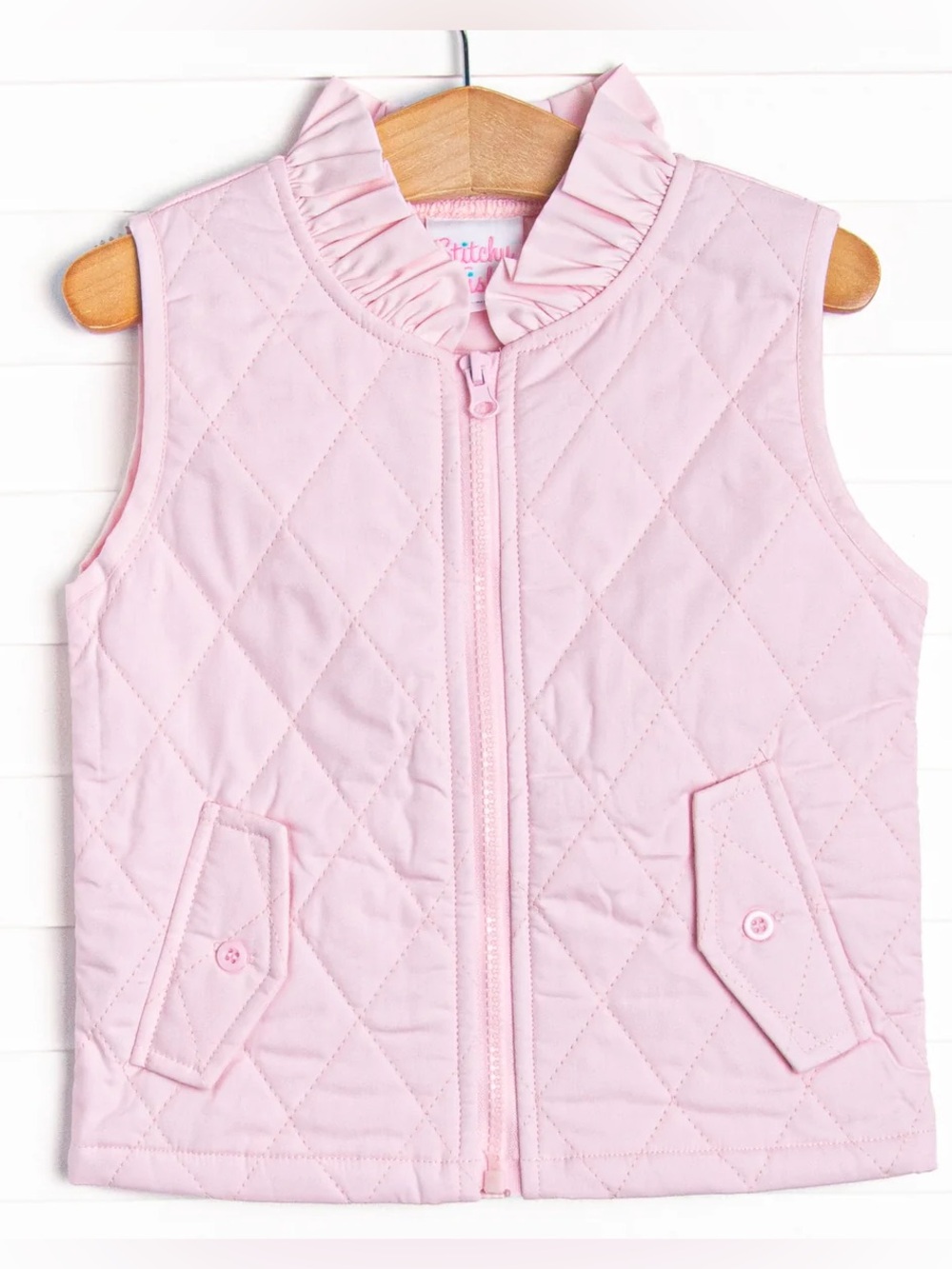 Stitchy Fish Pink Quilted Kids Vest with Ruffle Collar